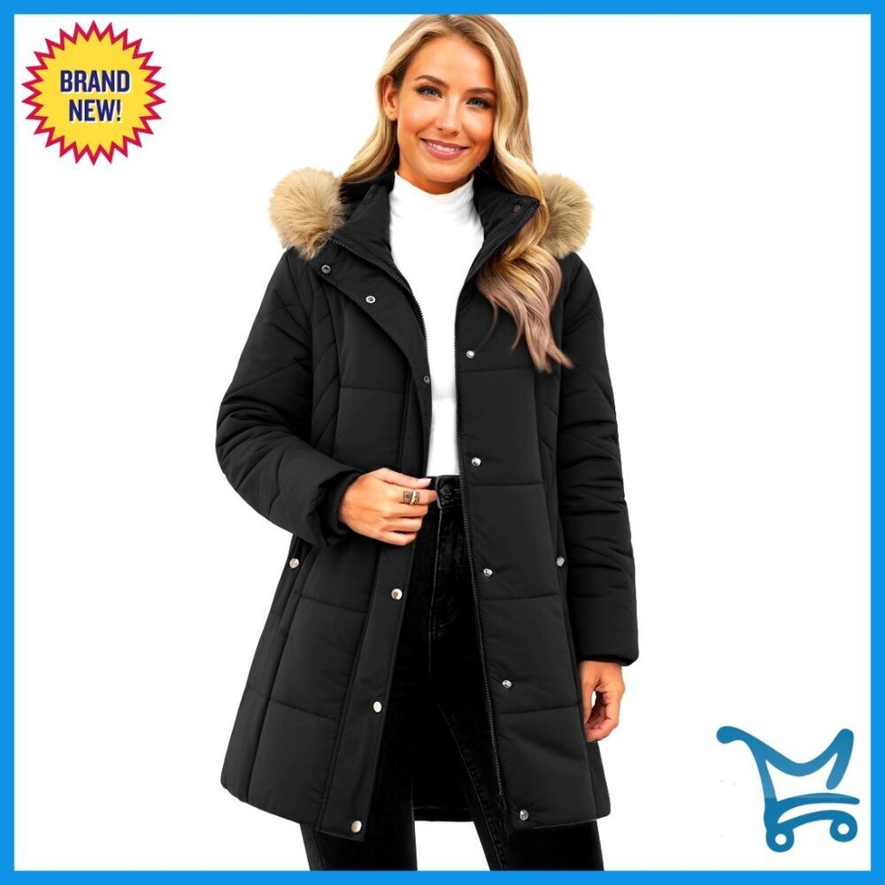 Long Puffer Jacket Quilted Parka Removable Hood Thigh Length Winter Coat